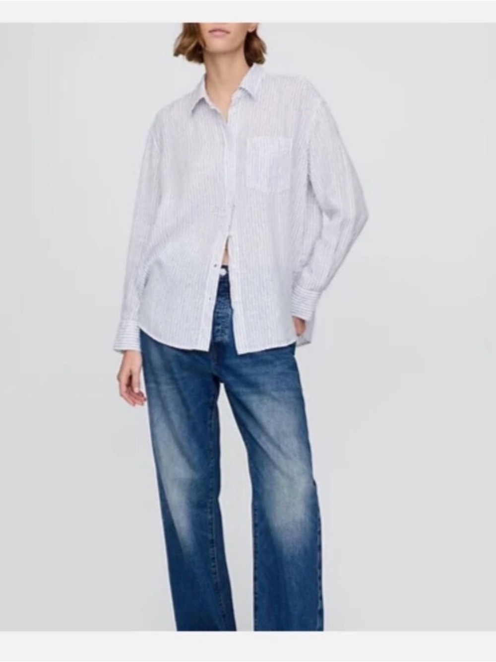 GAP 100% Linen Relaxed Button Down Shirt-White with Blue Stripes - Picture 3 of 6
